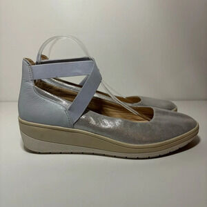 Vionic Ellery Ankle Wrap Ballerina Wedge Flats 10 Blue Leather Suede Slip On.